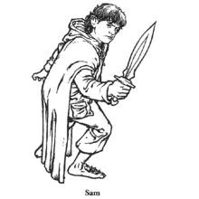 Dibujo de Sam agachado con espada y pies descalzos para colorear