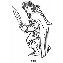 Dibujo de Sam empuñando su espada élfica para colorear