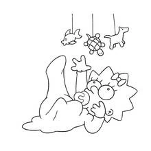 Dibujo de Maggie Simpson recostada bajo un móvil de juguetes para colorear