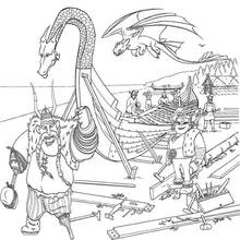 Dibujo de Escena de aldea vikinga con barco dragón y dragón volador para colorear