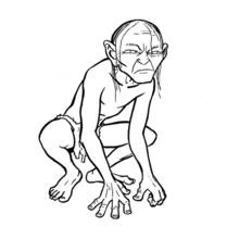 Dibujo de Gollum agazapado con expresión de enfado para colorear