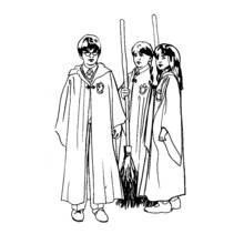 Dibujo de Harry Potter con Ron y Hermione sosteniendo una escoba para colorear Dibujo de Harry Potter con Ron y Hermione sosteniendo una escoba para colorear