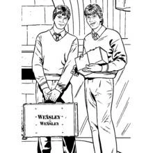 Dibujo de Fred y George Weasley con su maletín de negocios para colorear Dibujo de Fred y George Weasley con su maletín de negocios para colorear