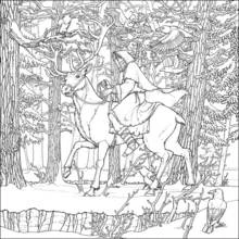 Dibujo de Jinete encapuchado sobre un alce en un bosque nevado para colorear