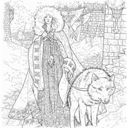 Dibujo de Mujer de Juego de Tronos con su lobo huargo en la nieve para colorear