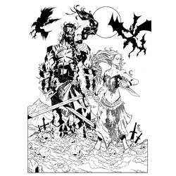 Dibujo de Guerrero y mujer sobre un campo de batalla lleno de calaveras para colorear
