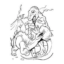Dibujo de Dos dinosaurios luchando cerca de un volcán para colorear