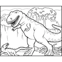 Dibujo de T-Rex frente a un pequeño dinosaurio cerca de una cascada para colorear