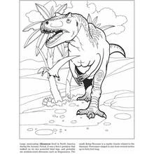 Dibujo de Allosaurus de pie entre rocas y plantas para colorear