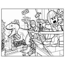 Dibujo de Parque Jurásico dinosaurio escapando cerca de figuras Lego para colorear