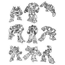 Dibujo de Transformers robots en nueve poses de combate para colorear Dibujo de Transformers robots en nueve poses de combate para colorear