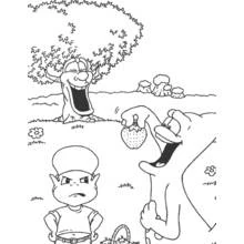 Dibujo de Adiboo frente a un árbol risueño y una criatura gigante para colorear