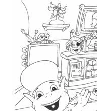 Dibujo de Adiboo en su habitación llena de artilugios para colorear