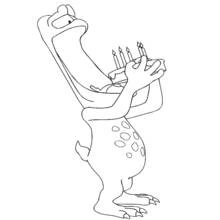 Dibujo de Adiboo sosteniendo un pastel de cumpleaños para colorear