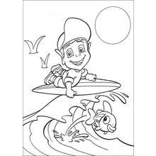 Dibujo de Adiboo surfeando una ola con un pez para colorear
