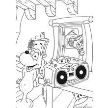 Dibujo de Adiboo perro junto a una radio sonriente para colorear