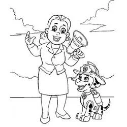 Dibujo de Alcaldesa Goodway hablando con megáfono junto a Marshall para colorear