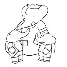 Dibujo de Babar con dos pequeños elefantes y sus mochilas para colorear
