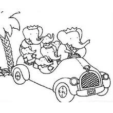 Dibujo de Babar viajando en coche con su familia para colorear
