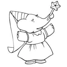 Dibujo de Babar disfrazado de hada con su varita mágica para colorear