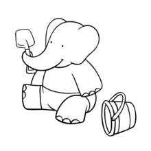 Dibujo de Babar jugando en la playa con un balde y una pala para colorear
