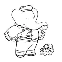 Dibujo de Babar de pie junto a un montón de pelotas para colorear