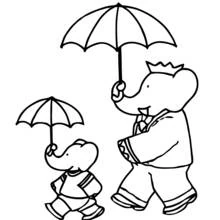 Dibujo de Babar caminando con un paraguas y su hijo para colorear