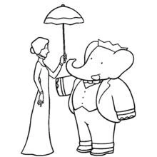 Dibujo de Babar con una dama sosteniendo un paraguas para colorear
