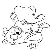 Dibujo de Babar con avión de hélice sonriente para colorear