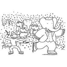 Dibujo de Babar patinando sobre hielo con sus amigos para colorear