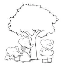Dibujo de Babar y sus amigos elefantes bajo un árbol para colorear