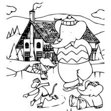 Dibujo de Babar patinando sobre hielo con amigos frente a un chalet para colorear