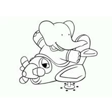 Dibujo de Babar conduce el avión con la trompa apoyada para colorear