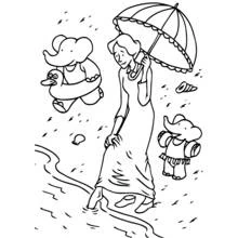 Dibujo de Céleste paseando por la playa con dos elefantitos para colorear
