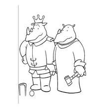 Dibujo de Babar rey rinoceronte con amigo y mazo de cróquet para colorear