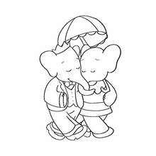 Dibujo de Babar caminando con Celeste bajo un paraguas para colorear