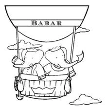 Dibujo de Babar volando en globo aerostático con un amigo para colorear