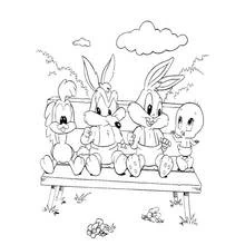 Dibujo de Baby Looney Tunes en un banco de parque para colorear