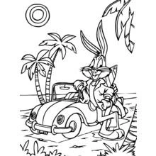 Dibujo de Bugs Bunny apoyado en un coche en la playa para colorear