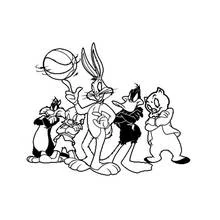 Dibujo de Bugs Bunny girando un balón de baloncesto con sus amigos para colorear