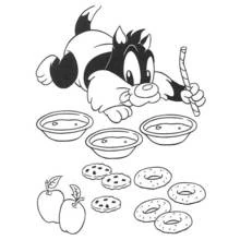 Dibujo de Baby Looney Tunes con Silvestre, donas y manzanas para colorear