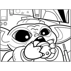 Dibujo de Bebé Yoda comiendo con la mano cerca de la boca para colorear Dibujo de Bebé Yoda comiendo con la mano cerca de la boca para colorear