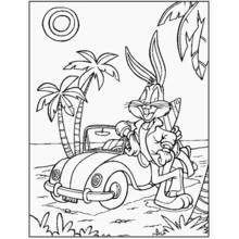 Dibujo de Bugs Bunny apoyado en un auto de playa para colorear