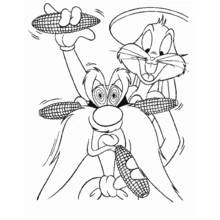 Dibujo de Bugs Bunny y Yosemite Sam haciendo malabares con mazorcas para colorear