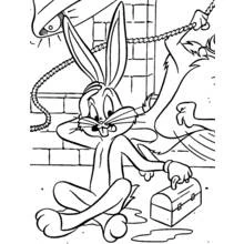 Dibujo de Bugs Bunny sentado con una lonchera y una cuerda para colorear