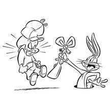 Dibujo de Bugs Bunny engañando a Elmer Fudd con un arma falsa para colorear