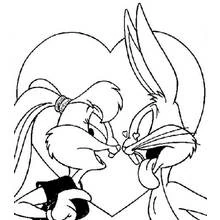 Dibujo de Bugs Bunny frente a Lola Bunny junto a un gran corazón para colorear