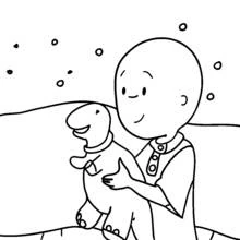 Dibujo de Caillou abrazando a su dinosaurio de peluche para colorear