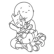 Dibujo de Caillou abrazando a su gato de peluche para colorear