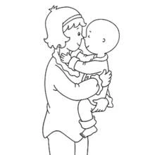 Dibujo de Caillou en brazos de su mamá para colorear